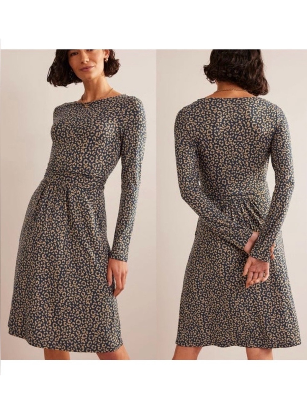 Boden Abigail Dress Navy Leopard Print Long Sleeve Stretchy Jersey Size US 12